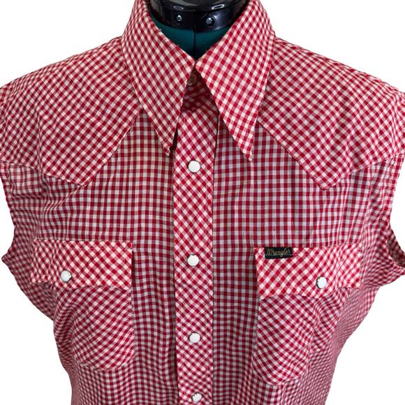 Vintage Wrangler Red Gingham Sleeveless Pearl Snap Western Shirt XL USA Made - Picture 11 of 16